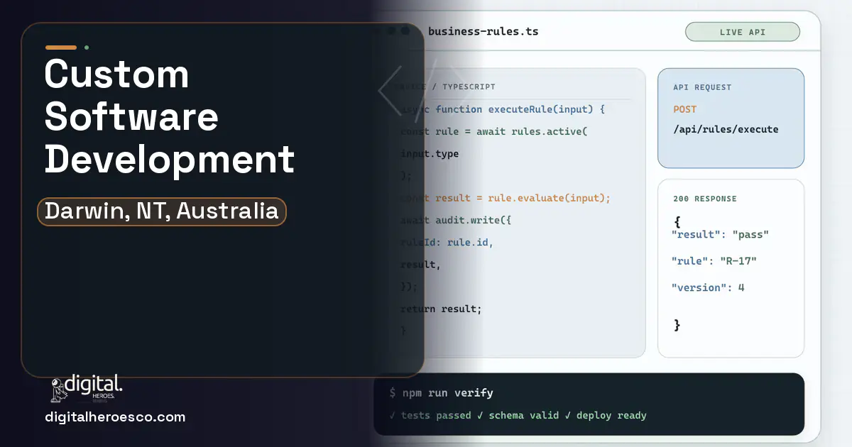 Custom Software Development code editor and API illustration for Darwin, NT, Australia.