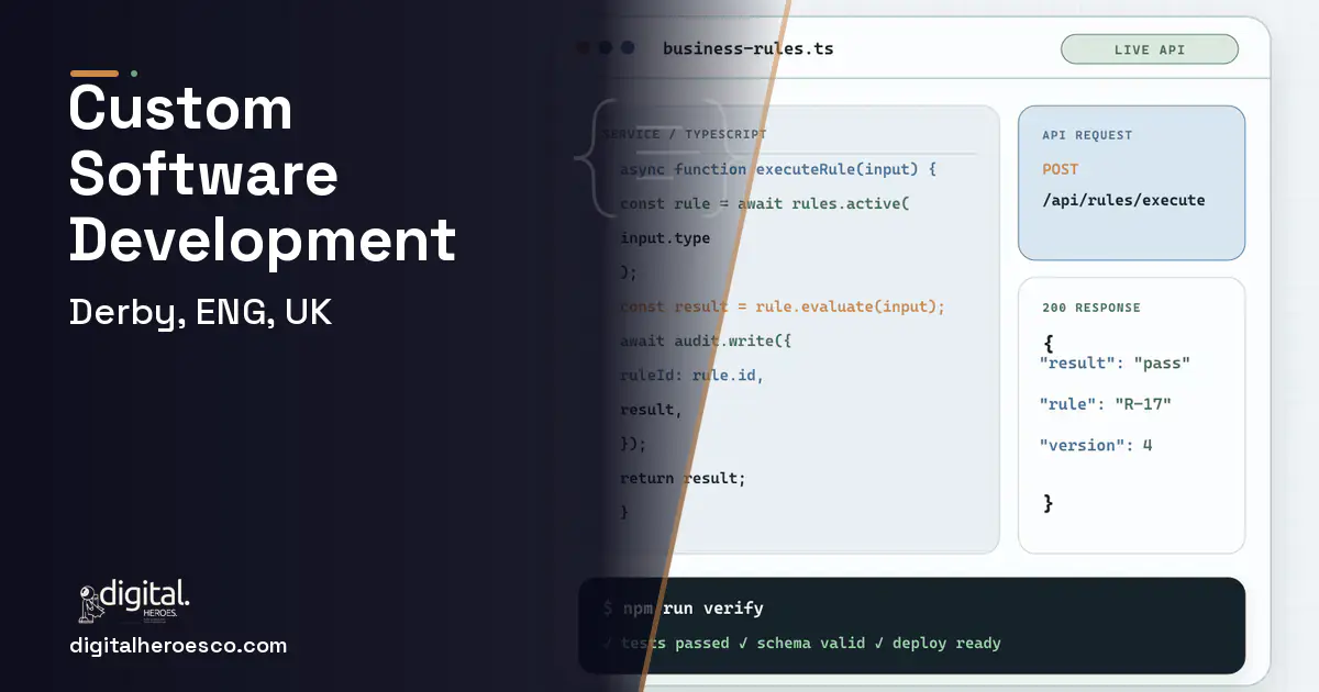 Custom Software Development code editor and API illustration for Derby, ENG, UK.