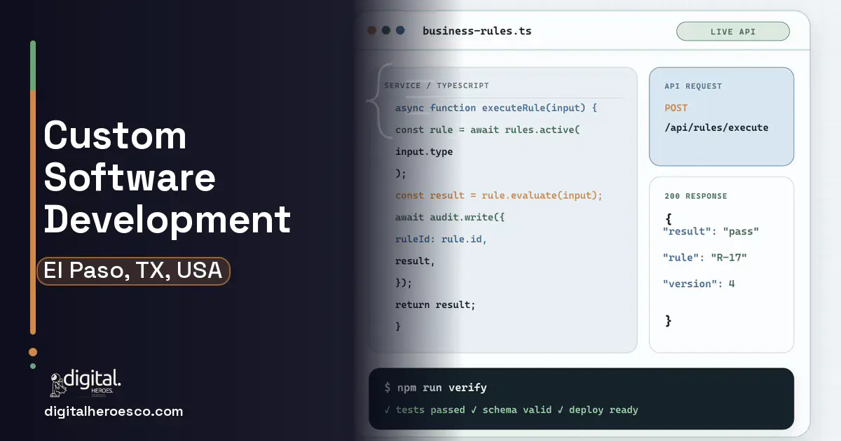 Custom Software Development code editor and API illustration for El Paso, TX, USA.