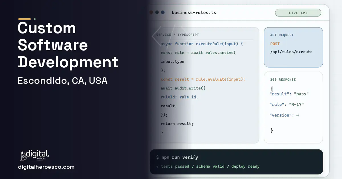 Custom Software Development code editor and API illustration for Escondido, CA, USA.