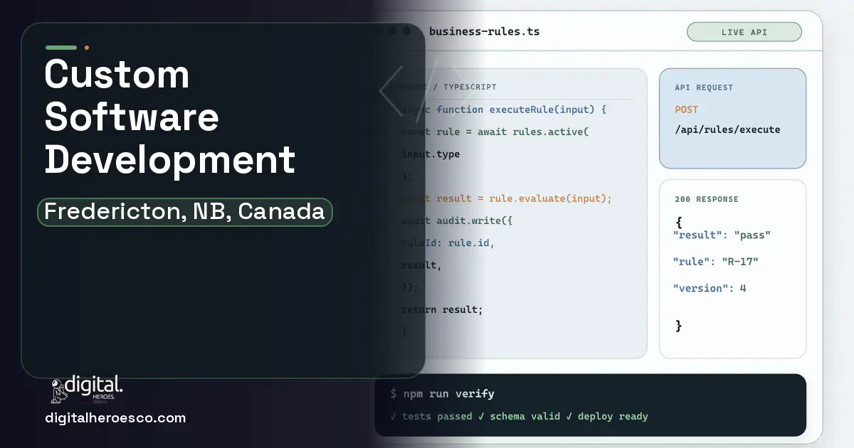 Custom Software Development code editor and API illustration for Fredericton, NB, Canada.