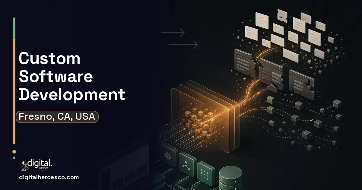 Custom Software Development workflow illustration for Fresno, CA, USA.