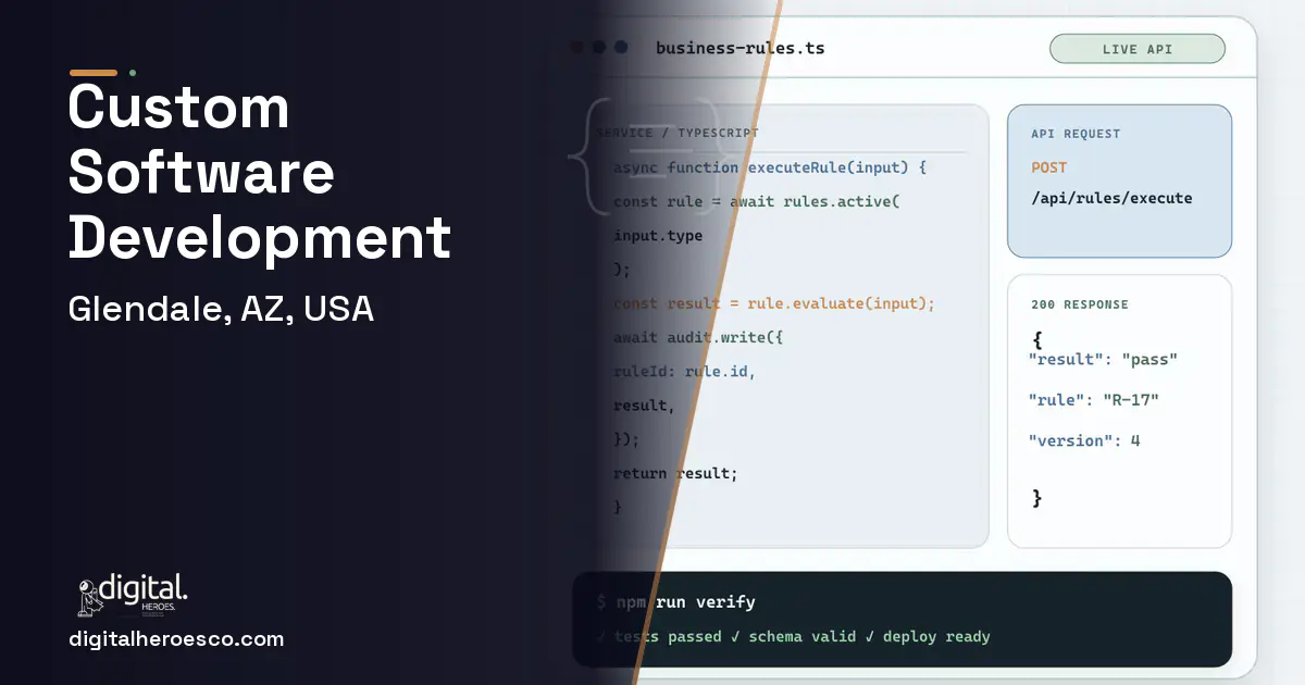 Custom Software Development code editor and API illustration for Glendale, AZ, USA.