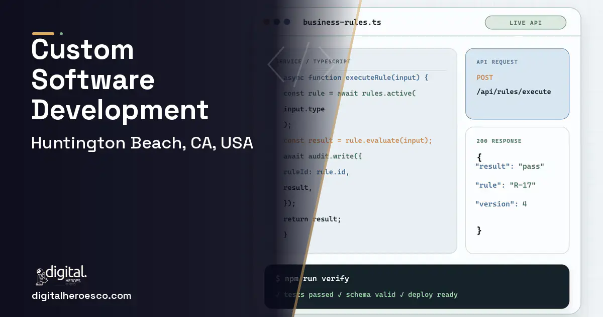 Custom Software Development code editor and API illustration for Huntington Beach, CA, USA.