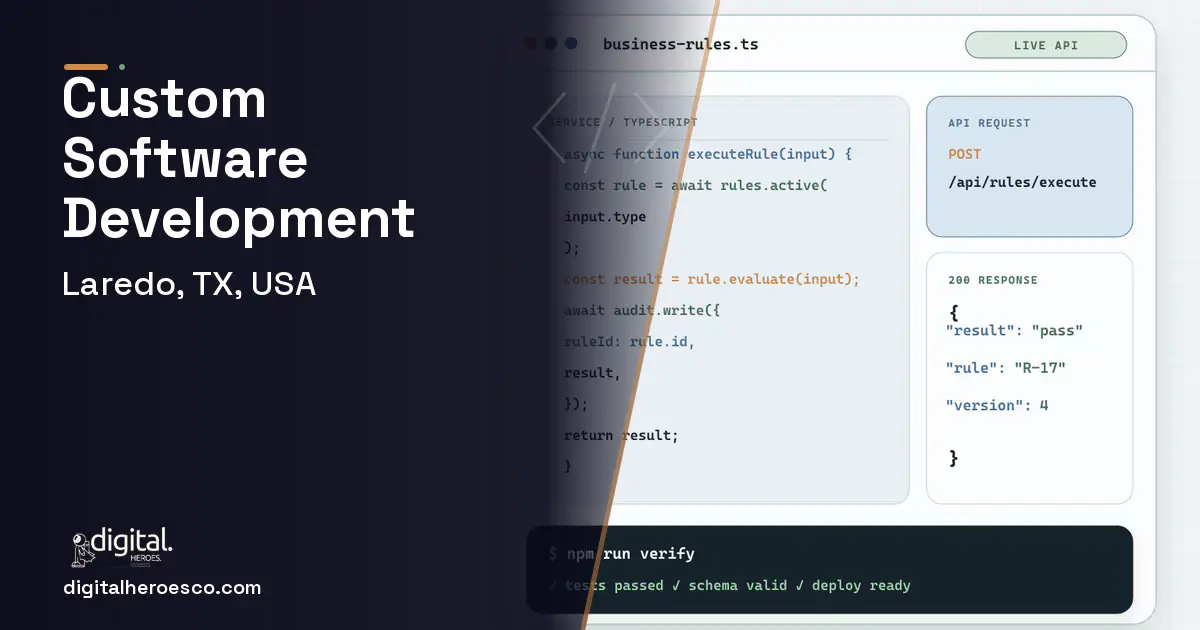 Custom Software Development code editor and API illustration for Laredo, TX, USA.