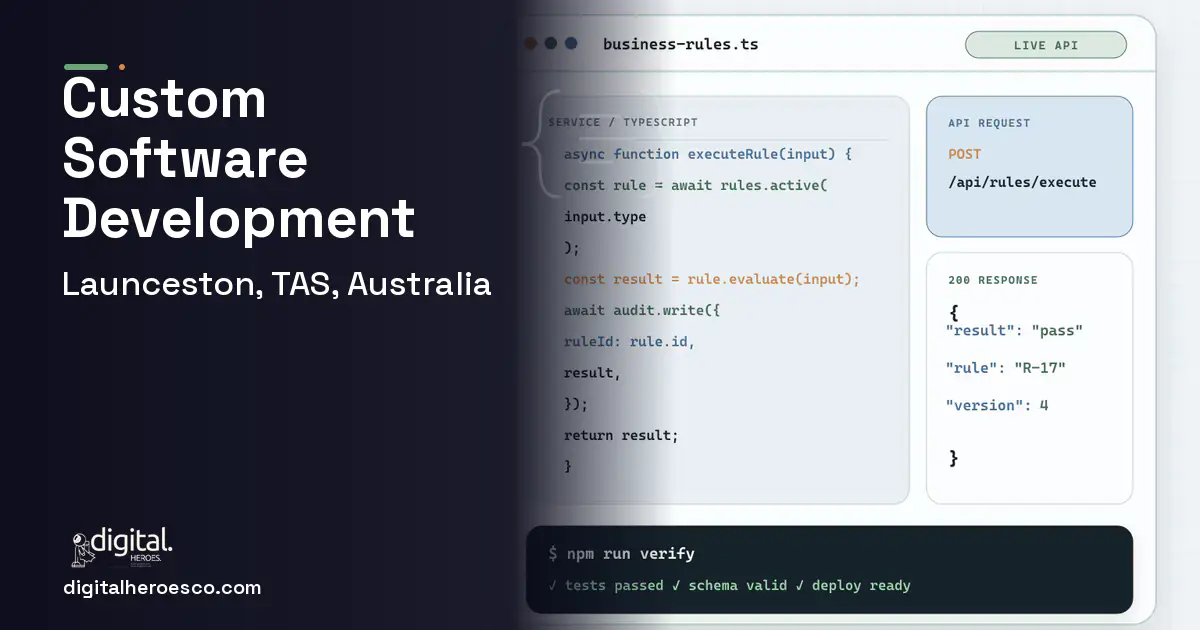 Custom Software Development code editor and API illustration for Launceston, TAS, Australia.
