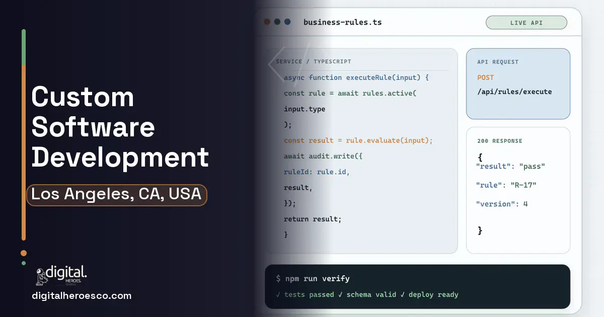 Custom Software Development code editor and API illustration for Los Angeles, CA, USA.