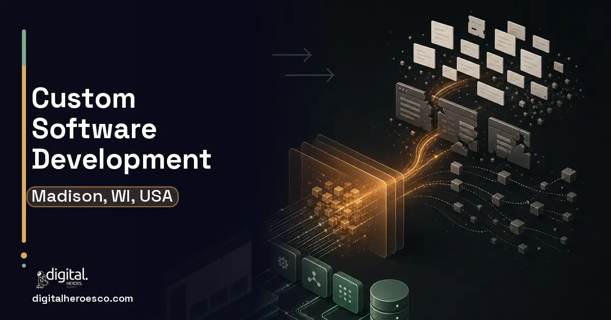 Custom Software Development workflow illustration for Madison, WI, USA.