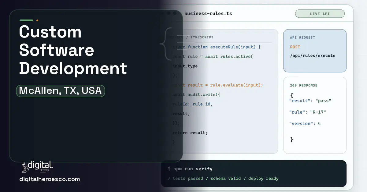 Custom Software Development code editor and API illustration for McAllen, TX, USA.