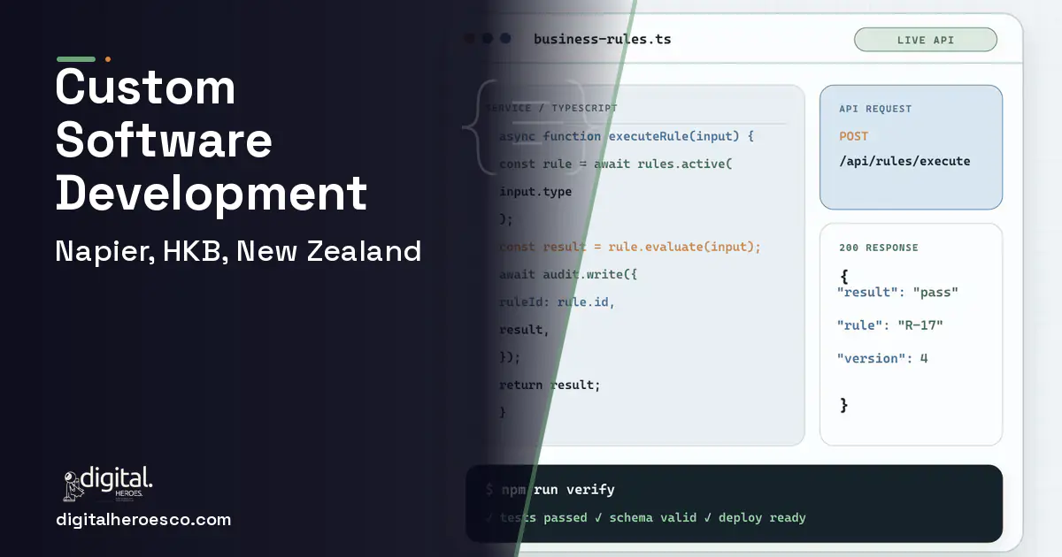 Custom Software Development code editor and API illustration for Napier, HKB, New Zealand.