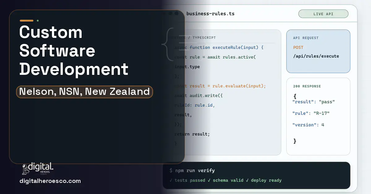 Custom Software Development code editor and API illustration for Nelson, NSN, New Zealand.