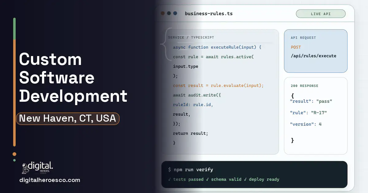 Custom Software Development code editor and API illustration for New Haven, CT, USA.