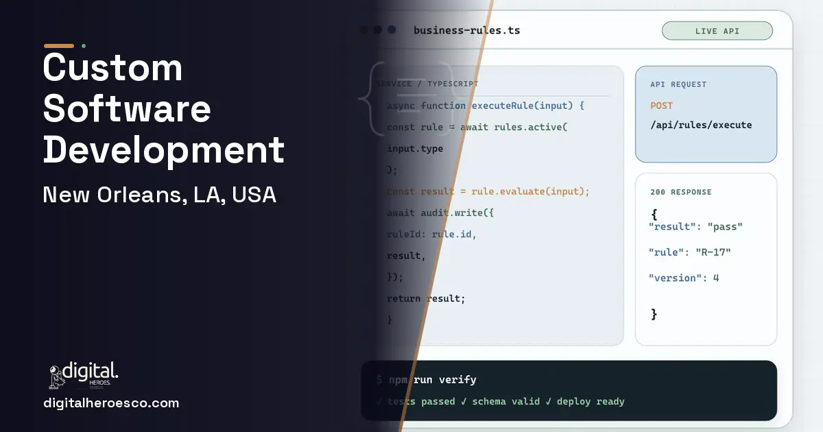 Custom Software Development code editor and API illustration for New Orleans, LA, USA.