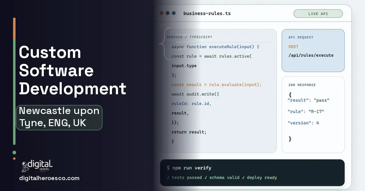 Custom Software Development code editor and API illustration for Newcastle upon Tyne, ENG, UK.