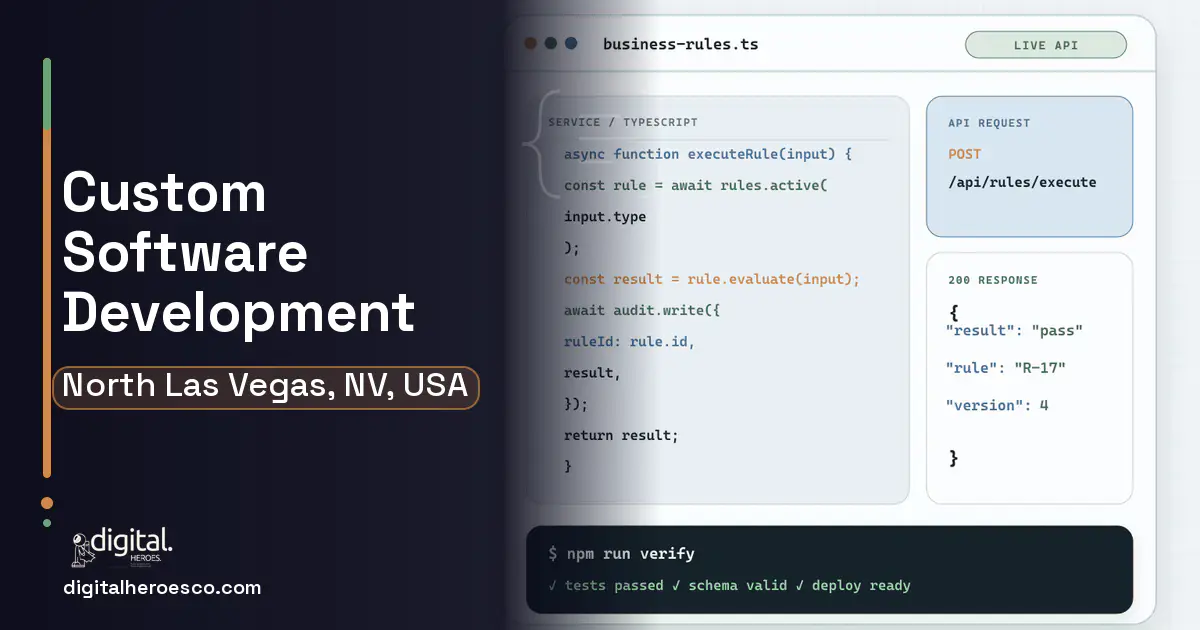 Custom Software Development code editor and API illustration for North Las Vegas, NV, USA.