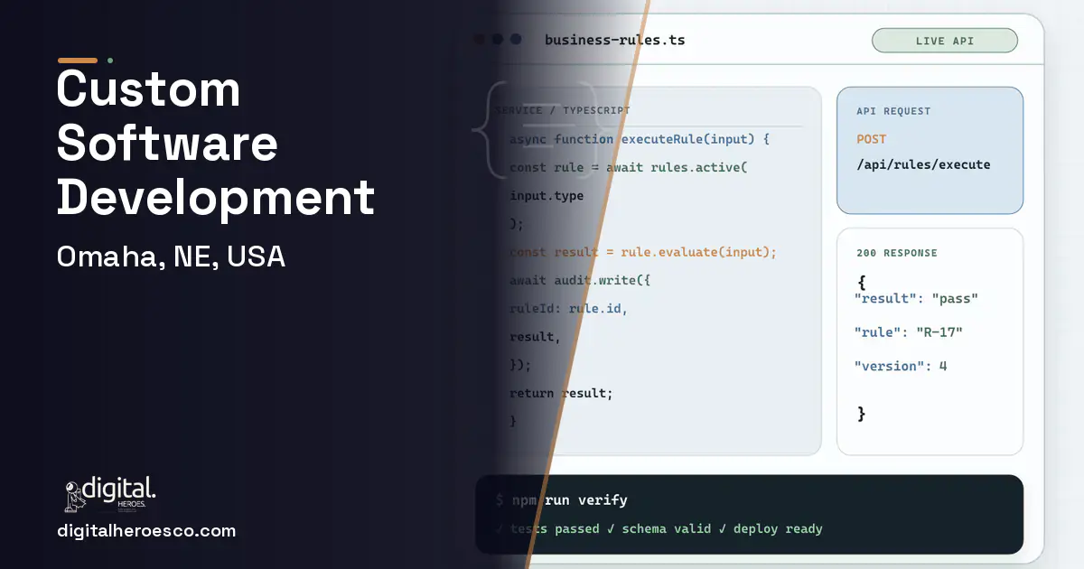 Custom Software Development code editor and API illustration for Omaha, NE, USA.