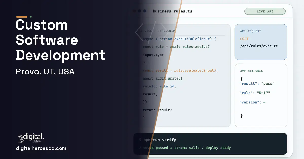 Custom Software Development code editor and API illustration for Provo, UT, USA.