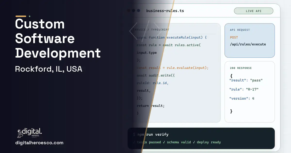 Custom Software Development code editor and API illustration for Rockford, IL, USA.