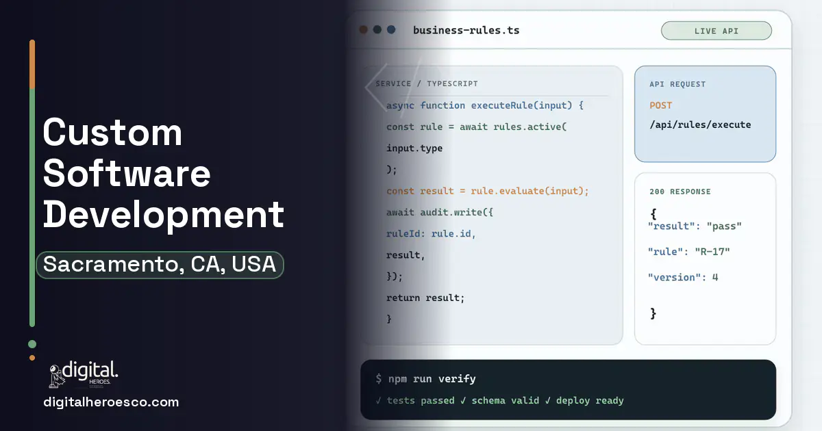 Custom Software Development code editor and API illustration for Sacramento, CA, USA.