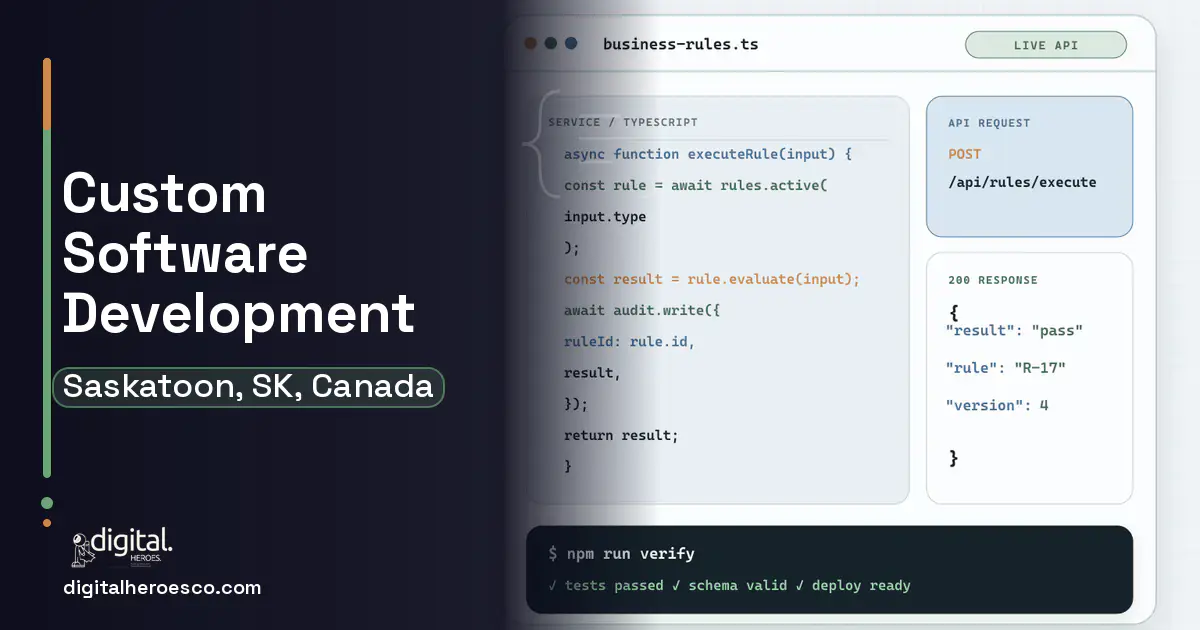 Custom Software Development code editor and API illustration for Saskatoon, SK, Canada.