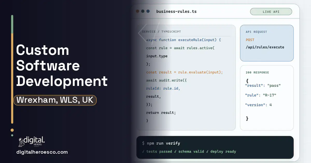 Custom Software Development code editor and API illustration for Wrexham, WLS, UK.