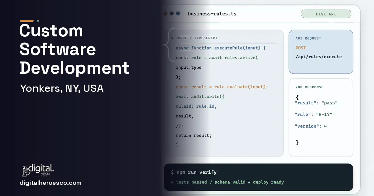 Custom Software Development code editor and API illustration for Yonkers, NY, USA.