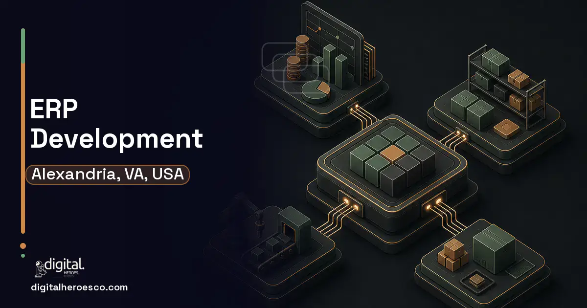ERP Development software overview illustration for Alexandria, VA, USA.