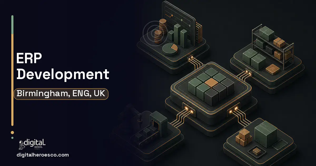 ERP Development software overview illustration for Birmingham, ENG, UK.