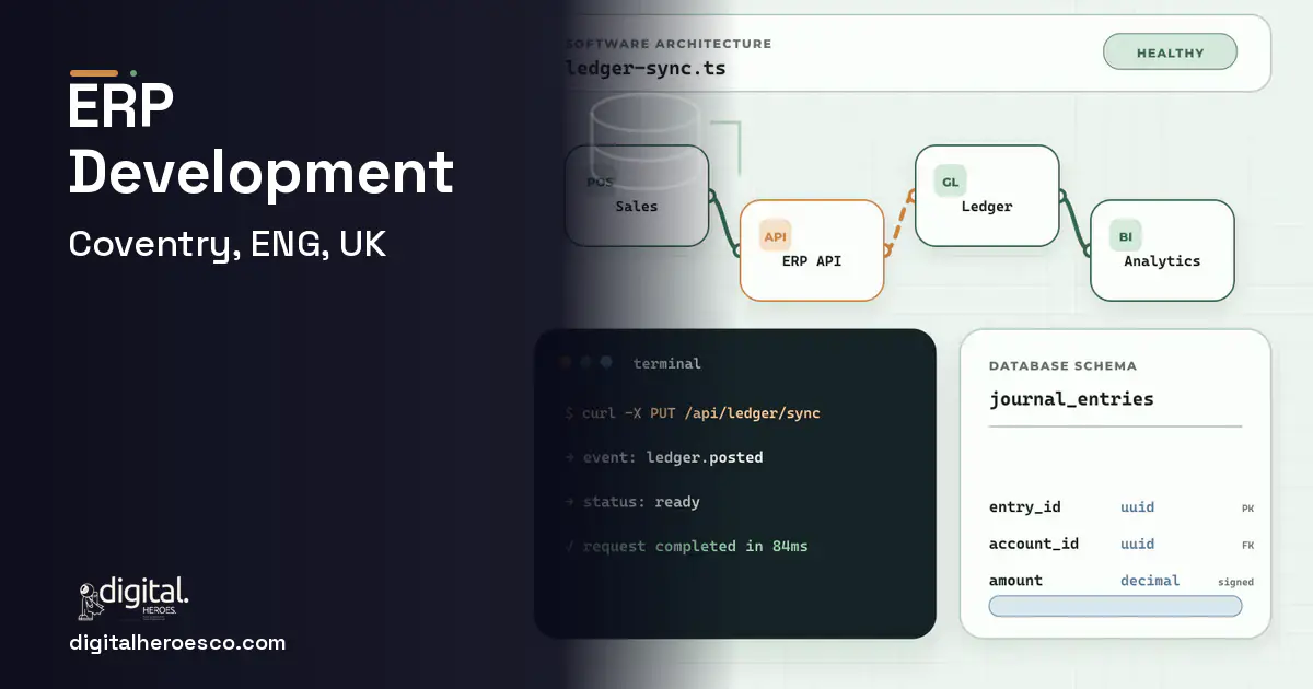 ERP Development architecture and database illustration for Coventry, ENG, UK.