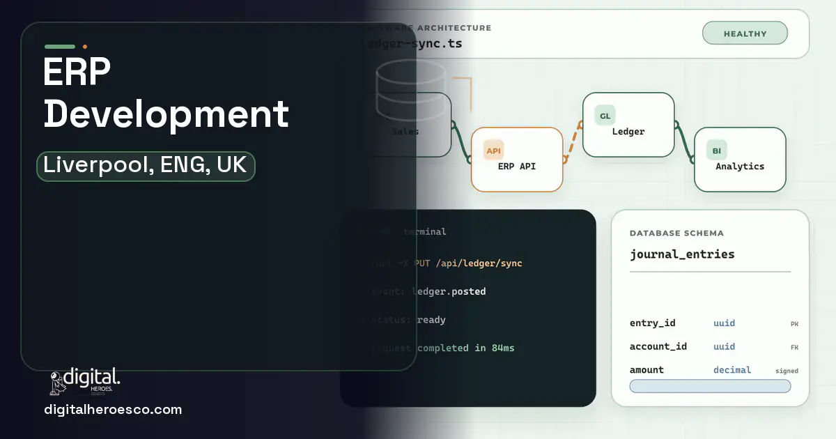 ERP Development architecture and database illustration for Liverpool, ENG, UK.