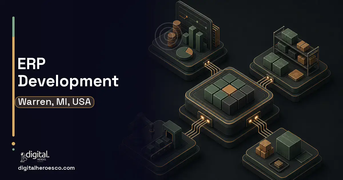 ERP Development software overview illustration for Warren, MI, USA.