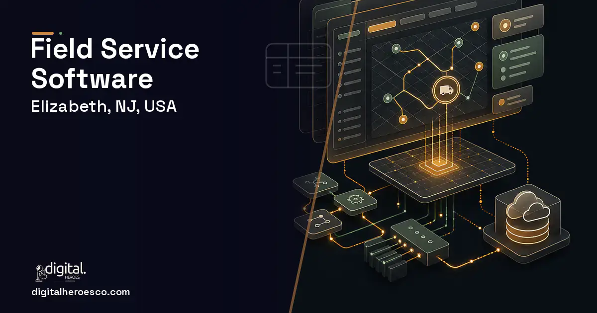 Field Service Software product interface illustration for Elizabeth, NJ, USA.