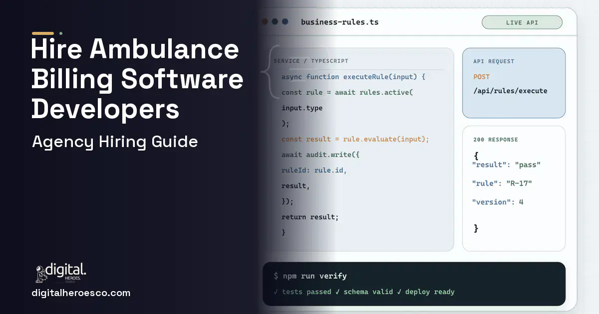 Custom Software Development code editor and API illustration for Ambulance Billing Software.