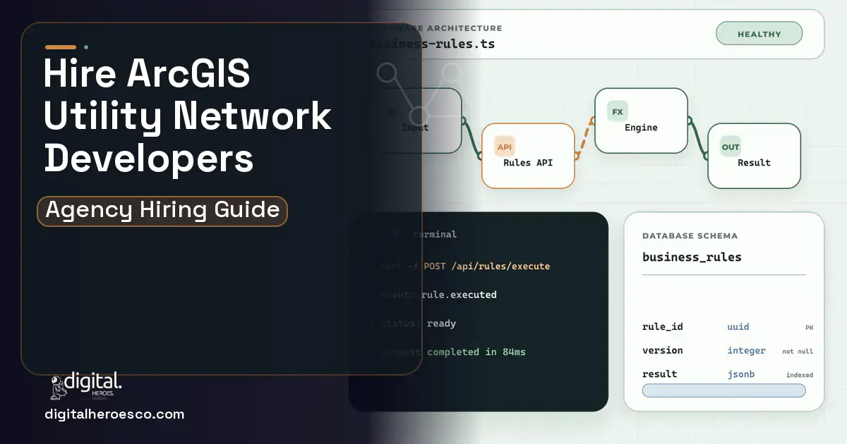 Custom Software Development architecture and database illustration for Utility Network GIS Software.