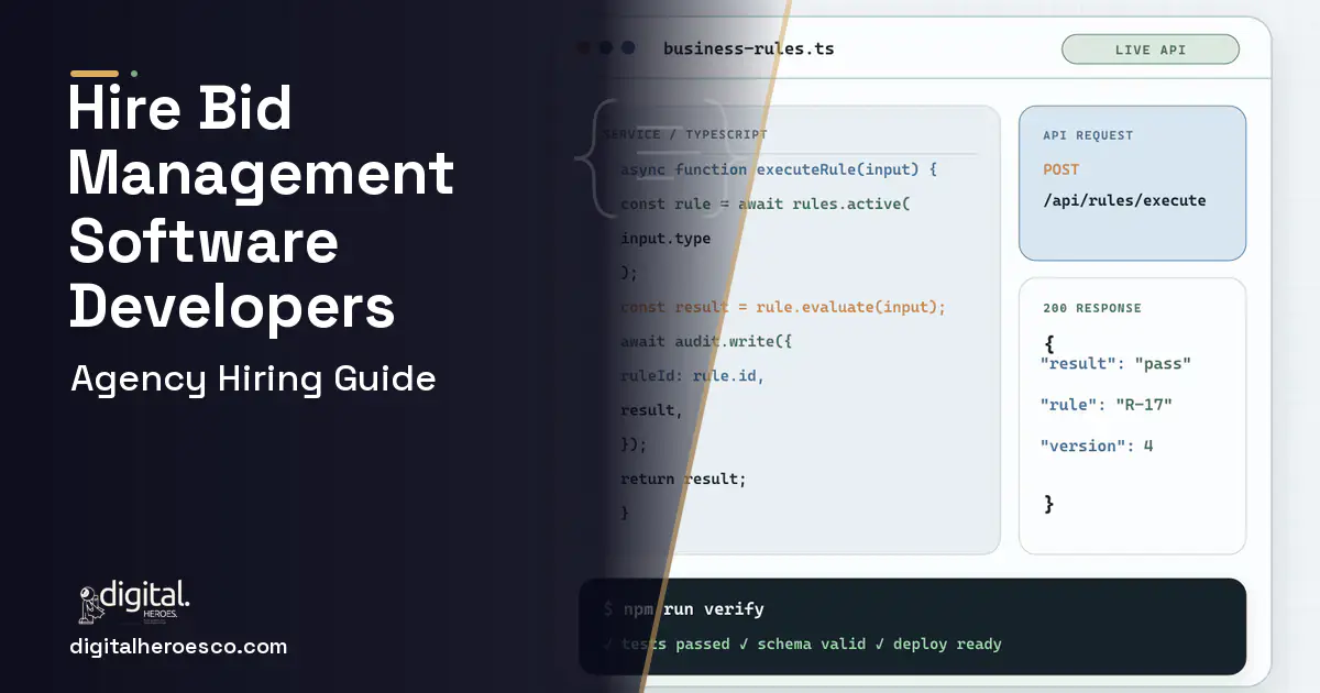 Custom Software Development code editor and API illustration for BID Management Software.