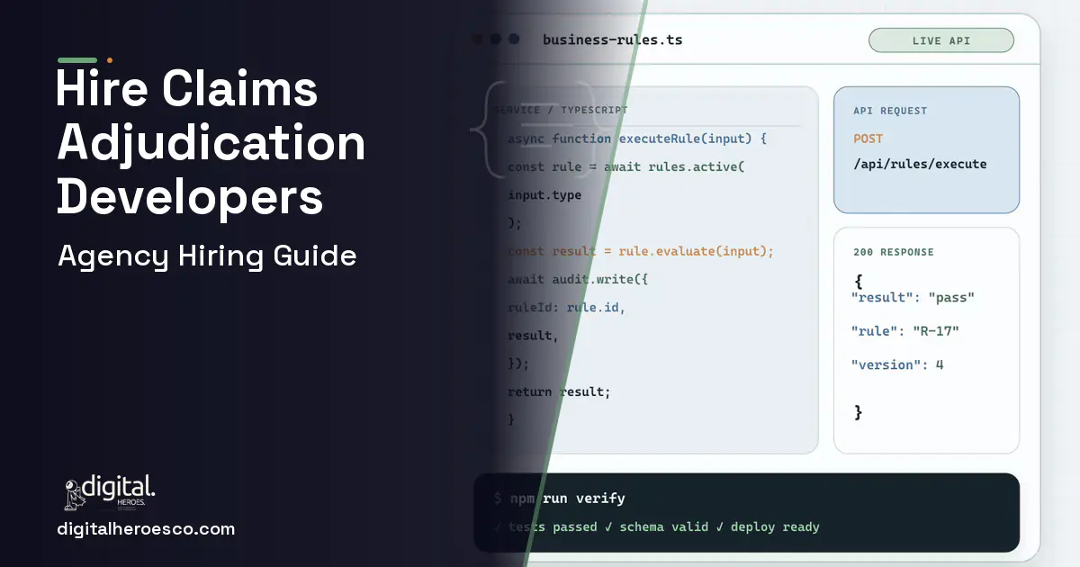 Custom Software Development code editor and API illustration for Health Plan Claims Adjudication Software.