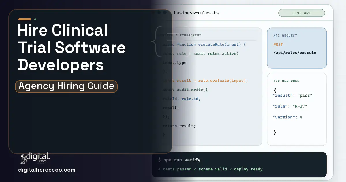 Custom Software Development code editor and API illustration for Clinical Trials Software.
