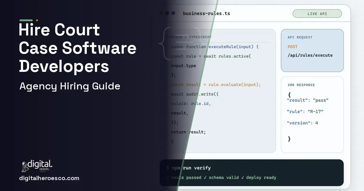 Custom Software Development code editor and API illustration for Court Case Management Software.