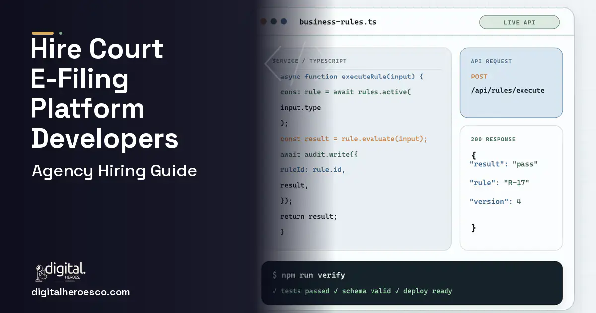 Custom Software Development code editor and API illustration for Court E Filing Platform.