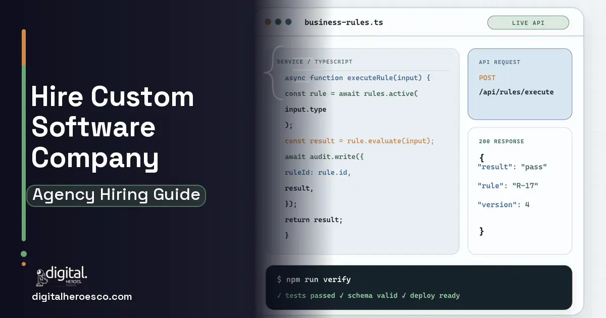 Custom Software Development code editor and API illustration for Custom Software Development.
