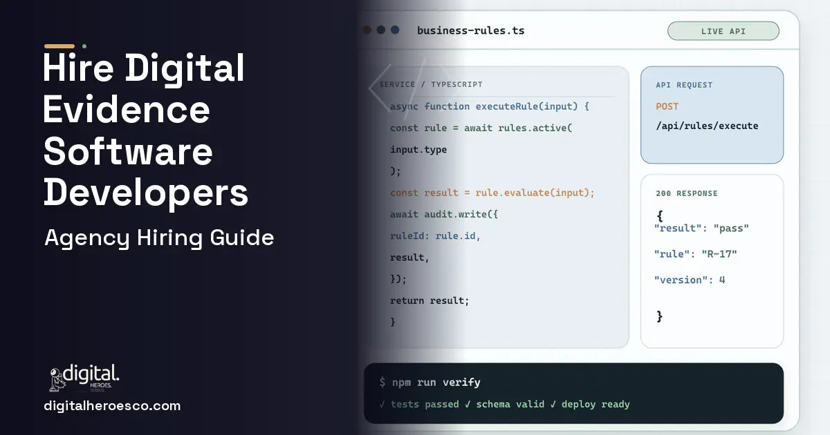 Custom Software Development code editor and API illustration for Digital Evidence Management Platform.