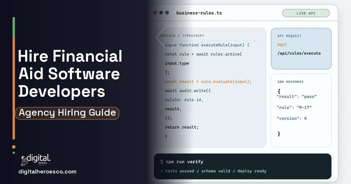 Custom Software Development code editor and API illustration for Financial AID Management Software.