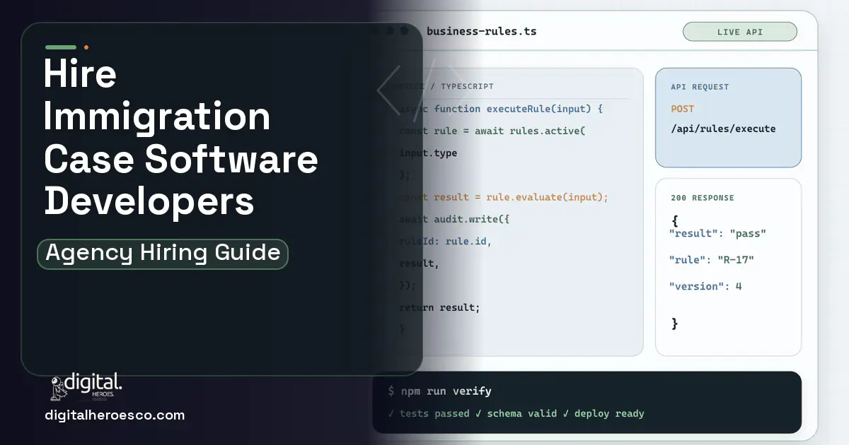 Custom Software Development code editor and API illustration for Immigration Case Management Software.