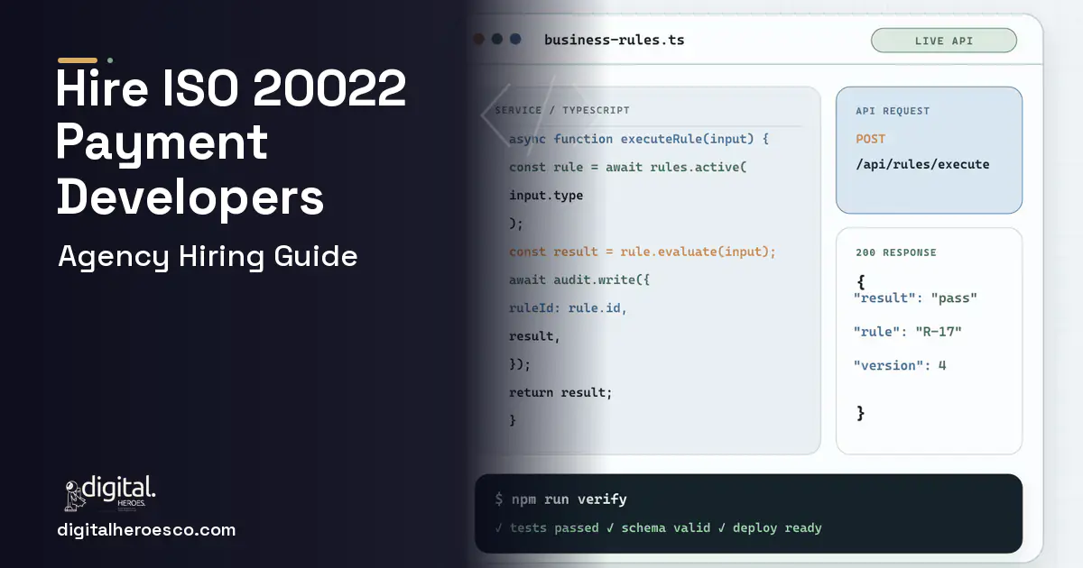 Custom Software Development code editor and API illustration for ISO 20022 Payment Transformation Software.