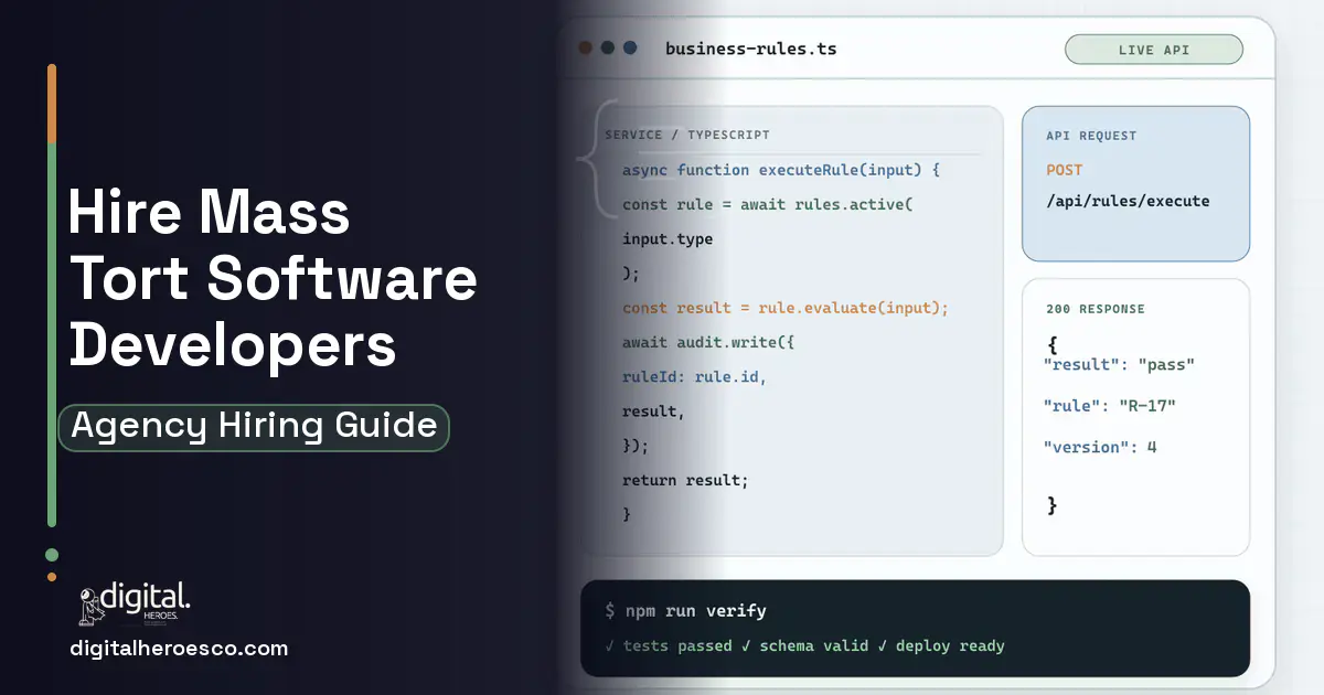 Custom Software Development code editor and API illustration for Mass Tort Case Management Software.
