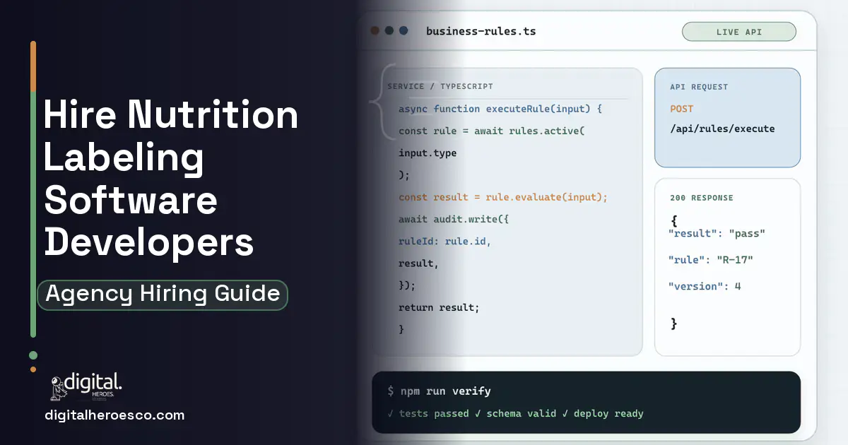 Custom Software Development code editor and API illustration for Nutrition Labeling Software.
