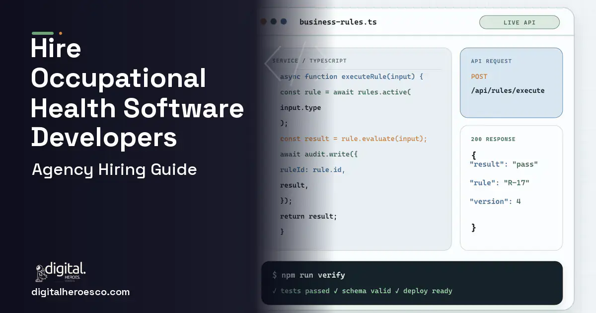 Custom Software Development code editor and API illustration for Occupational Health Software.