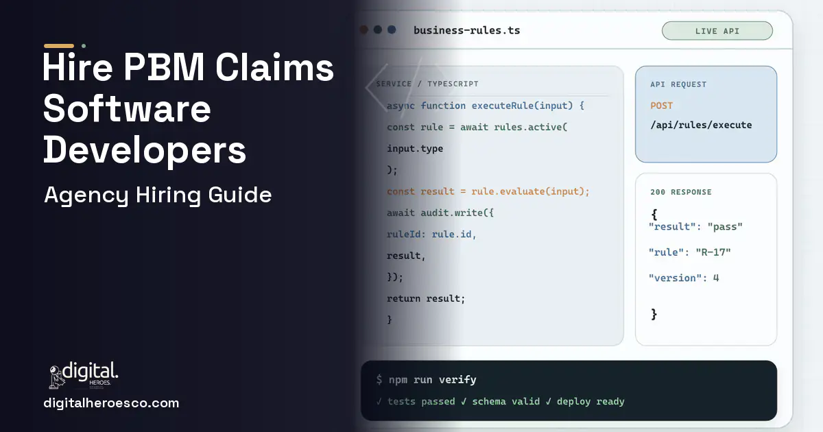 Custom Software Development code editor and API illustration for PBM Claims Processing Software.
