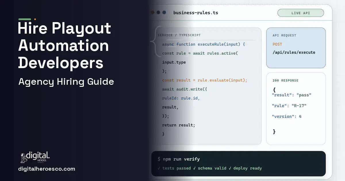 Custom Software Development code editor and API illustration for Playout Automation Software.