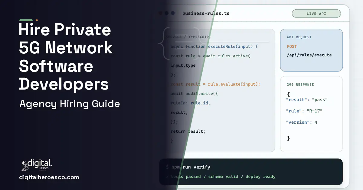 Custom Software Development code editor and API illustration for Private 5G Network Management Software.